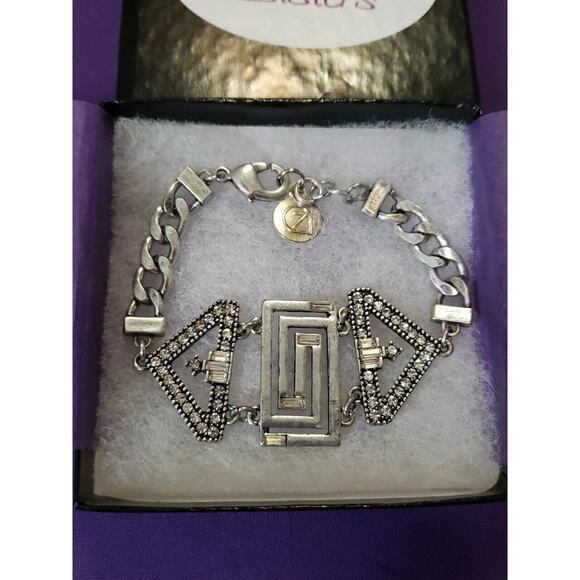 Geometric Silver Tone Chain Bracelet Rhinestone Glam Metal Style Adjustable New - Picture 2 of 8